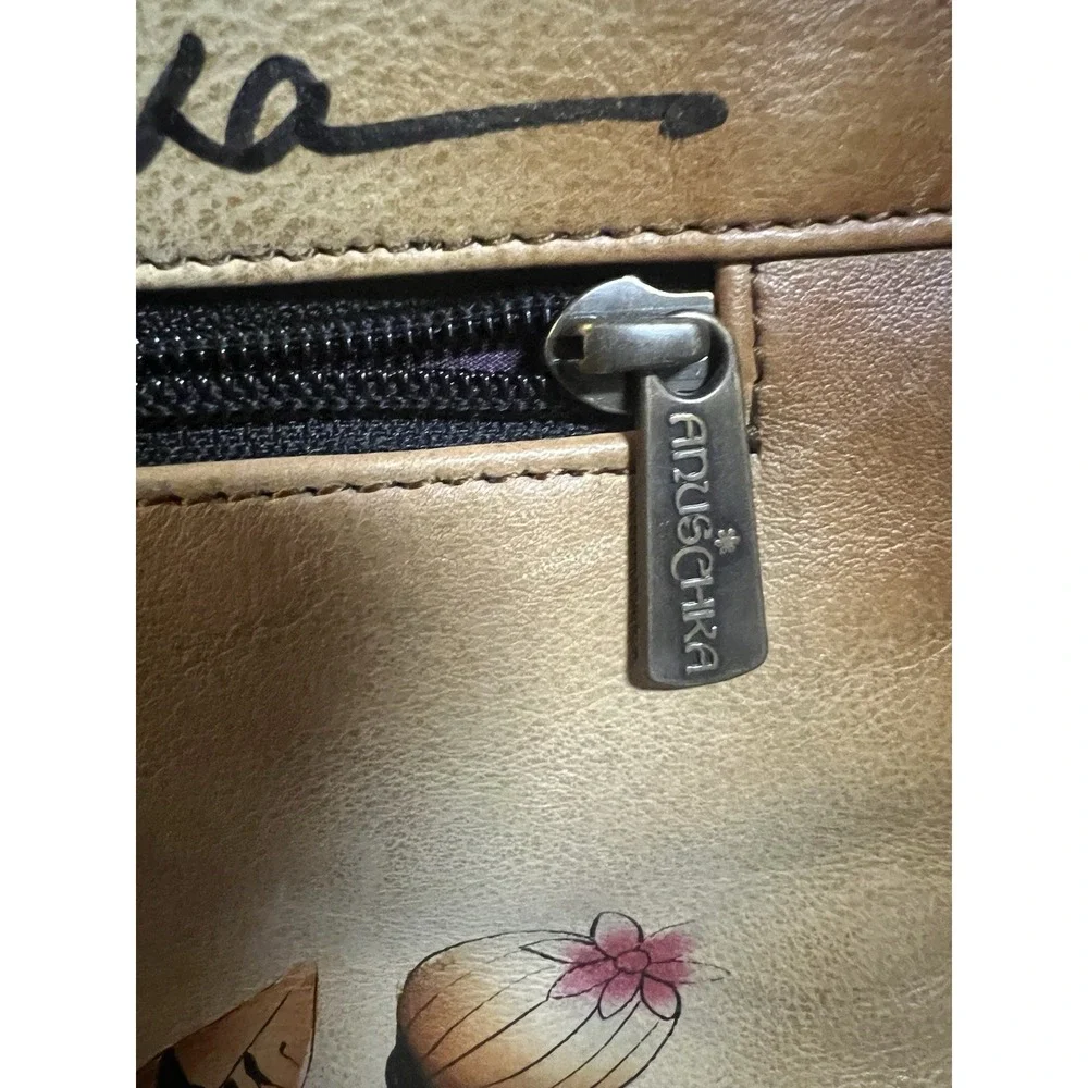 Anuschka Hand Painted Leather Rustic Floral‎ Crossbody Organizer Bag Purse 13x12